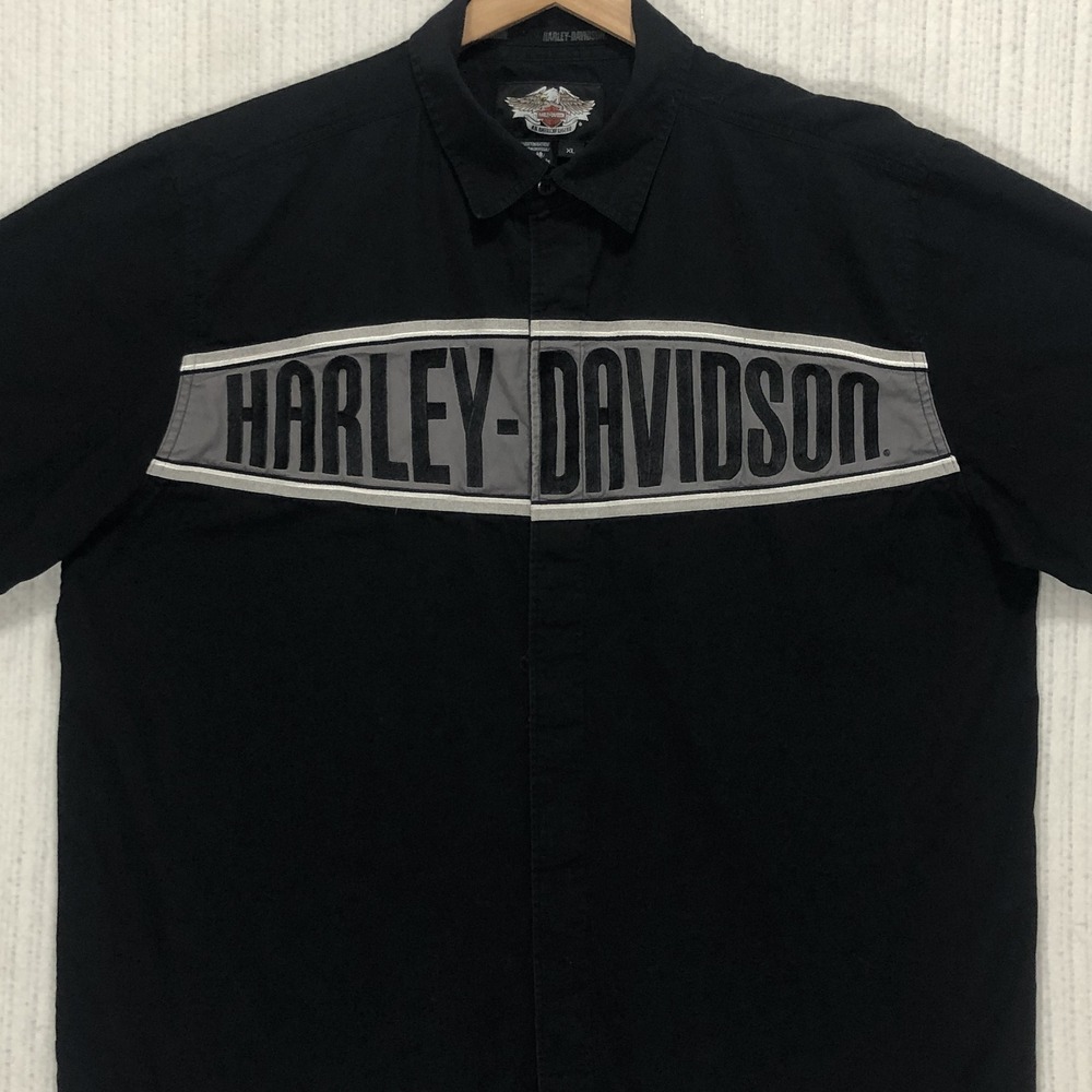 Harley-Davidson Mens XL Black Short Sleeve Button Up Work Shirt Embroidered Logo